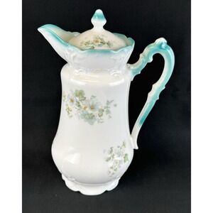 Antique Porcelain Aqua Blue Floral Design Coffee Pot  8.5" Tall